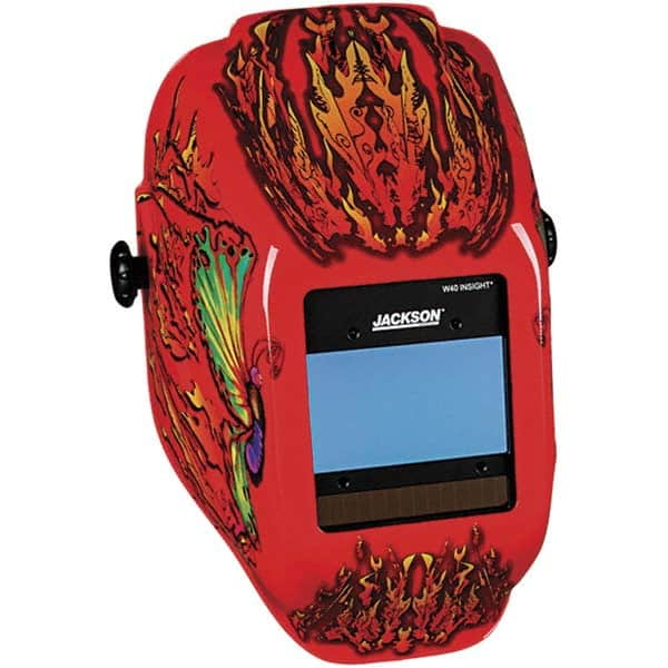 Jackson Safety - 2.36" Window Width x 3.94" Window Height, 9 to 13 Shade Auto-Darkening Lens, Fixed Front Welding Helmet with Digital Controls - Red Flaming Butterfly Design, Nylon - Makers Industrial Supply