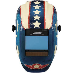 Jackson Safety - 2.36" Window Width x 3.94" Window Height, 9 to 13 Shade Auto-Darkening Lens, Fixed Front Welding Helmet with Digital Controls - Red/White/Blue Stars & Scars Design, Nylon - Makers Industrial Supply