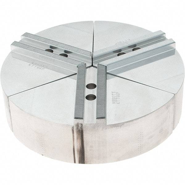 Abbott Workholding Products - 6" Max Chuck Capacity, 1.5mm x 60° Serrated Interface, Round Soft Lathe Chuck Jaw - 3 Jaw, Aluminum, 0.7874" Btw Mount Hole Ctrs, 8" Wide, 2" High, 10mm Fastener - Makers Industrial Supply