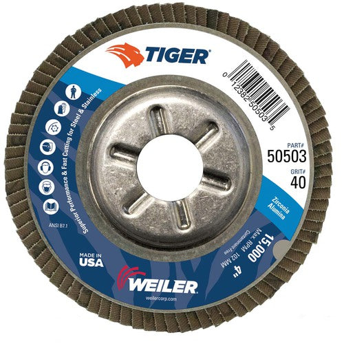 4″ Tiger Disc Abrasive Flap Disc, Angled, Alum. Backing, 40Z, 5/8″ Arbor Hole - Makers Industrial Supply