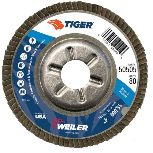 4″ Tiger Disc Abrasive Flap Disc, Angled, Alum. Backing, 80Z, 5/8″ Arbor Hole - Makers Industrial Supply