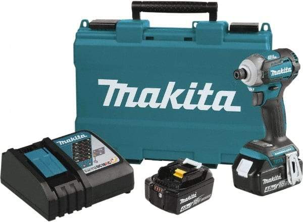 Makita - 18 Volt, 1/2" Drive, 20 Ft/Lb Torque, Cordless Impact Driver - Pistol Grip Handle, 3600 RPM, 2 Lithium-Ion Batteries Included - Makers Industrial Supply