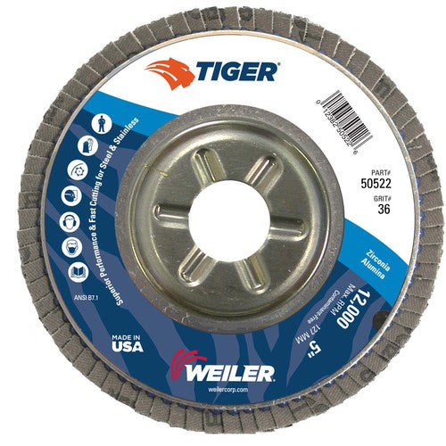 5″ Tiger Disc Abrasive Flap Disc, Angled, Alum. Backing, 36Z, 7/8″ Arbor Hole - Makers Industrial Supply