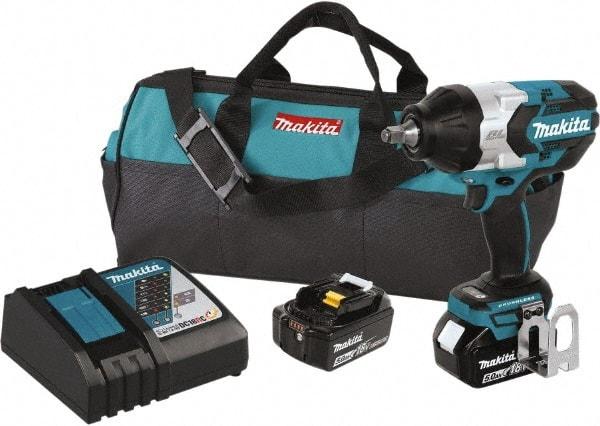 Makita - 1/2" Drive 18 Volt Pistol Grip Cordless Impact Wrench & Ratchet - 1,850 RPM, 750 Ft/Lb Torque, 2 Lithium-Ion Batteries Included - Makers Industrial Supply