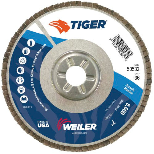 7″ Tiger Disc Abrasive Flap Disc, Angled, Alum. Backing, 36Z, 7/8″ Arbor Hole - Makers Industrial Supply