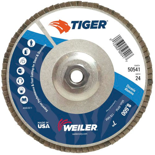 7″ Tiger Disc Abrasive Flap Disc, Angled, Alum. Backing, 24Z, 5/8″-11 UNC Nut - Makers Industrial Supply