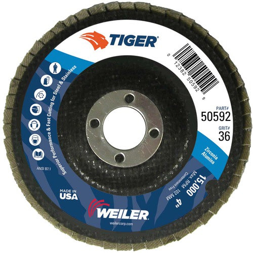 4″ Tiger Disc Abrasive Flap Disc, Angled, Phenolic Backing, 36Z, 5/8″ Arbor Hole - Makers Industrial Supply