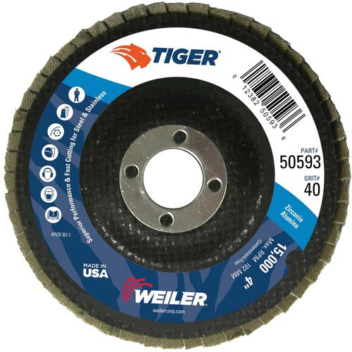 4″ Tiger Disc Abrasive Flap Disc, Angled, Phenolic Backing, 40Z, 5/8″ Arbor Hole - Makers Industrial Supply