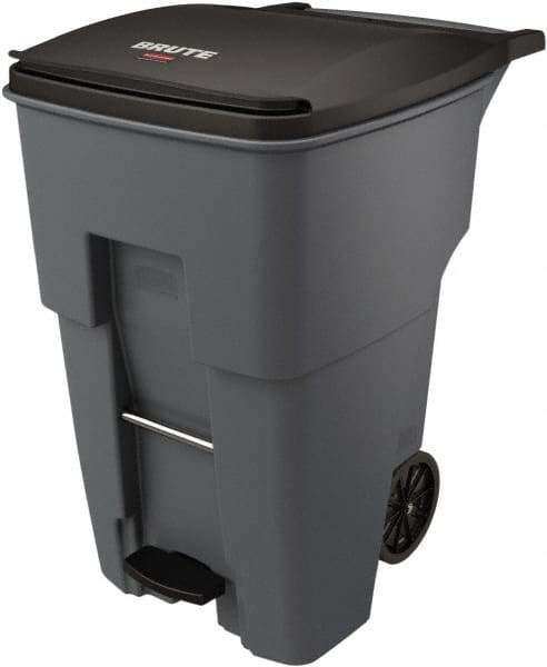 Rubbermaid - 95 Gal Gray Rectangle Trash Can - Plastic, None Graphic, 46.02" High x 28.6" Wide, Lid Included - Makers Industrial Supply