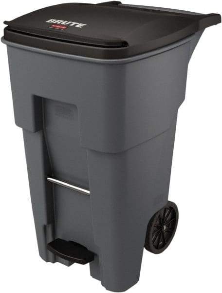 Rubbermaid - 65 Gal Gray Rectangle Trash Can - Plastic, None Graphic, 44.74" High x 25.33" Wide, Lid Included - Makers Industrial Supply