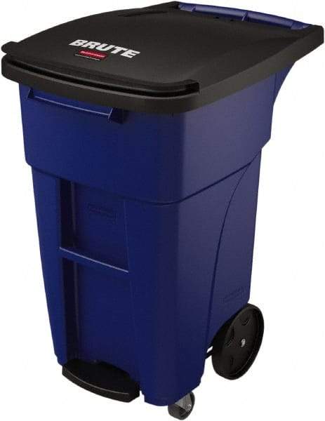 Rubbermaid - 32 Gal Blue Rectangle Trash Can - Plastic, None Graphic, 37.16" High x 20.62" Wide, Lid Included - Makers Industrial Supply