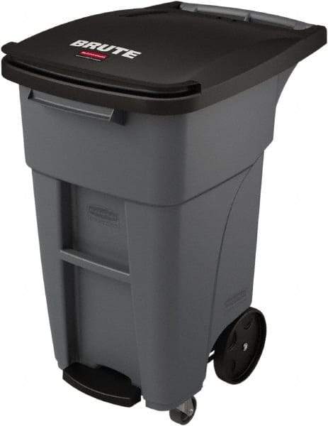 Rubbermaid - 32 Gal Gray Rectangle Trash Can - Plastic, None Graphic, 37.16" High x 20.62" Wide, Lid Included - Makers Industrial Supply