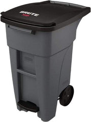 Rubbermaid - 32 Gal Gray Rectangle Trash Can - Plastic, None Graphic, 37.16" High x 20.62" Wide, Lid Included - Makers Industrial Supply