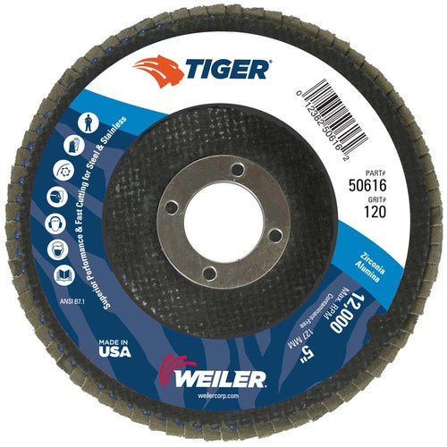 5″ Tiger Disc Abrasive Flap Disc, Angled, Phenolic Backing, 120Z, 7/8″ Arbor Hole - Makers Industrial Supply