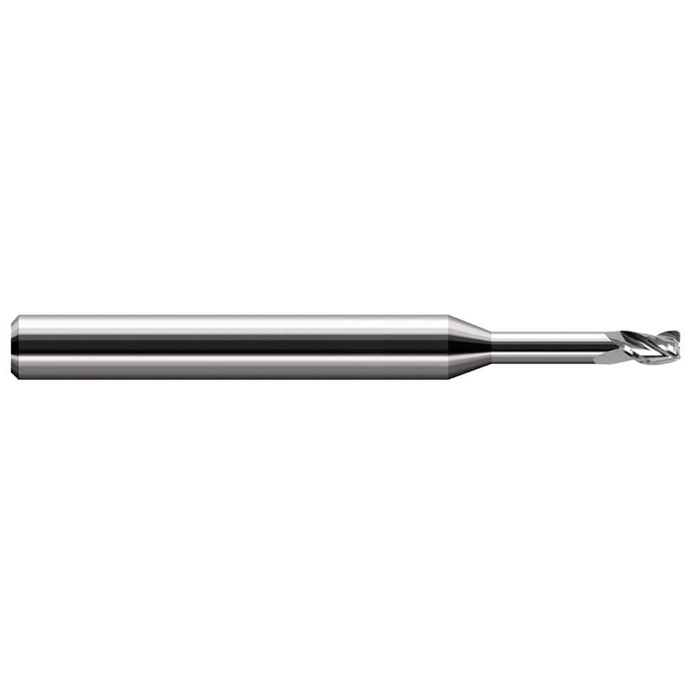 Corner Radius End Mill: 0.02″ Dia, 0.03″ LOC, 0.005″ Radius, 3 Flutes, Solid Carbide 2-1/2″ OAL, 1/8″ Shank Dia, 30 ° Helix, Bright/Uncoated, Corner Radius End