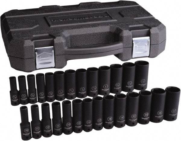 GearWrench - 27 Piece 1/2" Drive Black Finish Deep Well Impact Socket Set - 6 Points, 7/16" to 1-1/4" (10mm to 27mm) Range, Inch/Metric Measurement Standard - Makers Industrial Supply