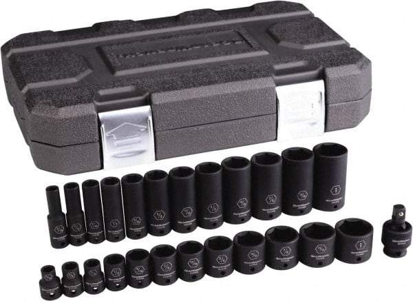 GearWrench - 25 Piece 3/8" Drive Black Finish Deep Well Impact Socket Set - 6 Points, 5/16" to 1" Range, Inch Measurement Standard - Makers Industrial Supply