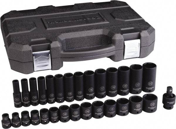 GearWrench - 29 Piece 3/8" Drive Black Finish Deep Well Impact Socket Set - 6 Points, 8mm to 22mm Range, Metric Measurement Standard - Makers Industrial Supply