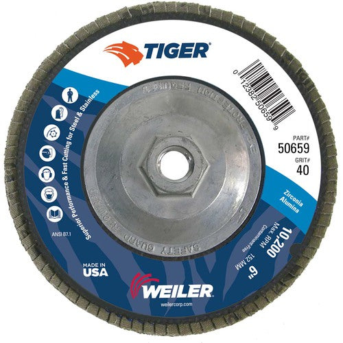 6″ Tiger Disc Abrasive Flap Disc, Angled, Phenolic Backing, 40Z, 5/8″-11 UNC Nut - Makers Industrial Supply