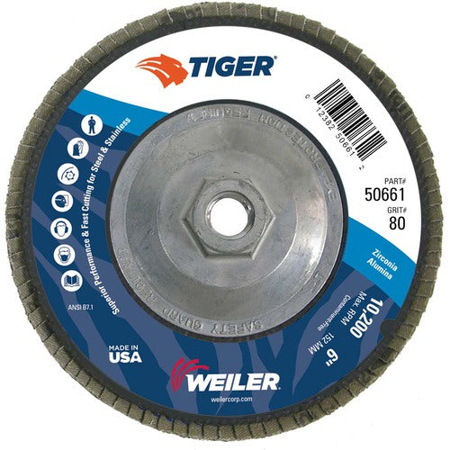 6″ Tiger Disc Abrasive Flap Disc, Angled, Phenolic Backing, 80Z, 5/8″-11 UNC Nut - Makers Industrial Supply