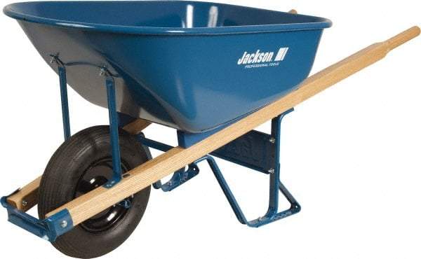 Jackson Professional Tools - 6 Cu Ft Capacity Wheelbarrow with 15" Flat Free Wheel - Wood Handle, 58-3/4" Long x 25-1/2" Wide x 27" High, Blue - Makers Industrial Supply