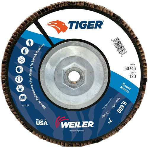 7″ Tiger Disc Abrasive Flap Disc, Flat, Phenolic Backing, 120Z, 5/8″-11 UNC Nut - Makers Industrial Supply