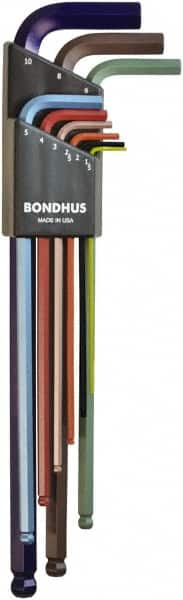 Bondhus - 9 Piece L-Key Ball End Hex Key Set - Hex Range 1.5 to 10mm, 8.4" OAL - Makers Industrial Supply