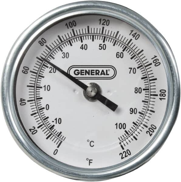 General - 36 Inch Long Stem, 3 Inch Dial Diameter, Back Connected Bi-Metal Thermometer - 220°Fahrenheit - Makers Industrial Supply