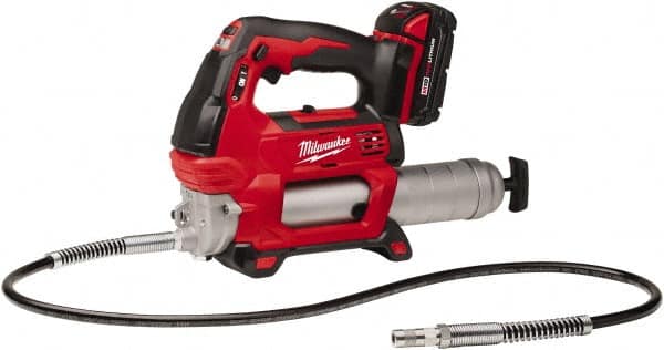 Milwaukee Tool - 10,000 Max psi, Flexible Battery-Operated Grease Gun - 14 oz Capacity, 31 Strokes per oz, Includes Grease Gun, Gauge Hose Assembly, Coupler, 18 V Rechargeable Battery, 30-Minute Charger, Carrying Case & Carrying Strip - Makers Industrial Supply