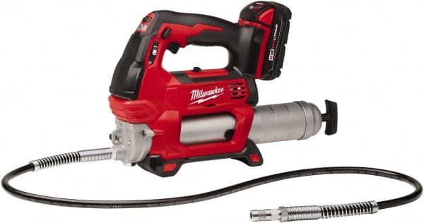 Milwaukee Tool - 10,000 Max psi, Flexible Battery-Operated Grease Gun - 14 oz Capacity, 31 Strokes per oz, Includes Grease Gun, Gauge Hose Assembly, Coupler, 30-Minute Charger, Carrying Case, Carrying Strip & (2)18 V Rechargeable Batteries - Makers Industrial Supply