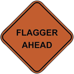 PRO-SAFE - "Flagger Ahead", 48" Wide x 48" High, Nylon Construction Roadway Signs - Orange, Square, Sign Stand Mount - Makers Industrial Supply