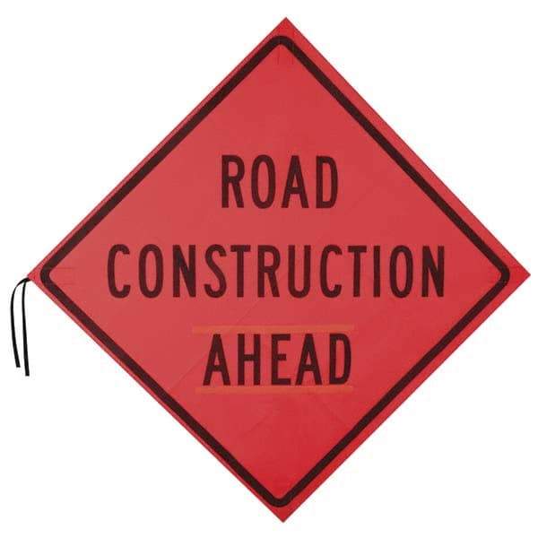 PRO-SAFE - "Road Construction Ahead", 48" Wide x 48" High, Nylon Construction Roadway Signs - Orange, Square, Sign Stand Mount - Makers Industrial Supply