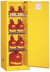 Justrite - 1 Door, 3 Shelf, Yellow Steel Space Saver Safety Cabinet for Flammable and Combustible Liquids - 65" High x 23-1/4" Wide x 18" Deep, Self Closing Door, 22 Gal Capacity - Makers Industrial Supply