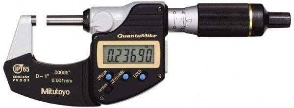 Mitutoyo - 0.001 mm Resolution, Standard Throat, Electronic Outside Micrometer - Includes Stand - Makers Industrial Supply