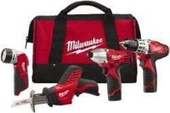 Milwaukee Tool - 12 Volt Cordless Tool Combination Kit - Includes 3/8" Drill/Driver, Reciprocating Saw, 1/4" Hex Impact Driver & Work Light, Lithium-Ion Battery Not Included - Makers Industrial Supply