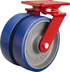 Hamilton - 8" Diam x 2" Wide x 9-3/4" OAH Top Plate Mount Swivel Caster - Polyurethane Mold onto Cast Iron Center, 2,400 Lb Capacity, Tapered Roller Bearing, 4-1/2 x 6-1/2" Plate - Makers Industrial Supply