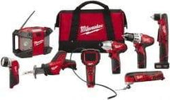 Milwaukee Tool - 12 Volt Cordless Tool Combination Kit - Includes 3/8" Drill/Driver, 3/8" Right Angle Drill Driver, Reciprocating Saw, Multi-Tool, 1/4" Hex Impact Driver & Radio, Lithium-Ion Battery Not Included - Makers Industrial Supply