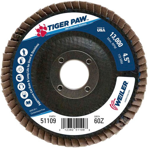 4 1/2″ × 7/8″-60 Grit - T27 Tiger Paw Zirc Flap Disc Phenolic Back - Makers Industrial Supply