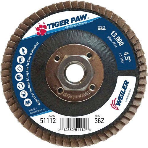 4 1/2″ × 5/8″-11-36 Grit - T27 Tiger Paw Zirc Flap Disc Phenolic Back - Makers Industrial Supply