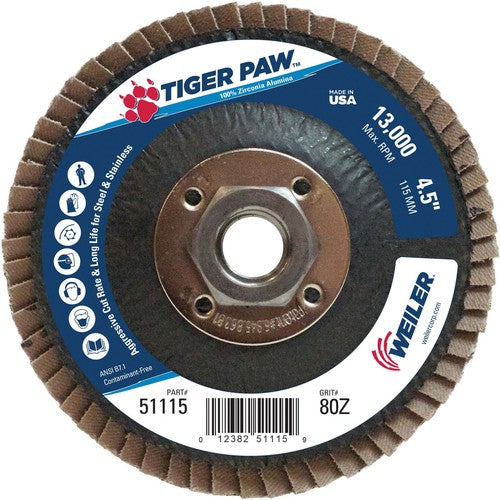 4 1/2″ × 5/8″-11-80 Grit - T27 Tiger Paw Zirc Flap Disc Phenolic Back - Makers Industrial Supply