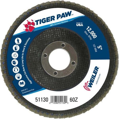 5″ Tiger Paw Abrasive Flap Disc, Flat, Phenolic Backing, 60Z, 7/8″ Arbor Hole - Makers Industrial Supply