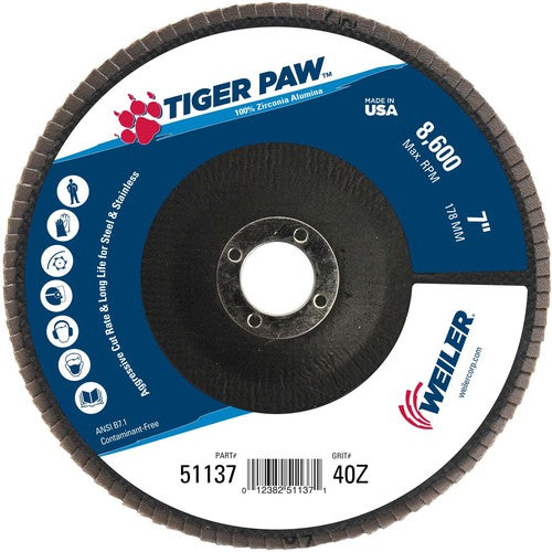 7″ Tiger Paw Abrasive Flap Disc, Flat, Phenolic Backing, 40Z, 7/8″ Arbor Hole - Makers Industrial Supply