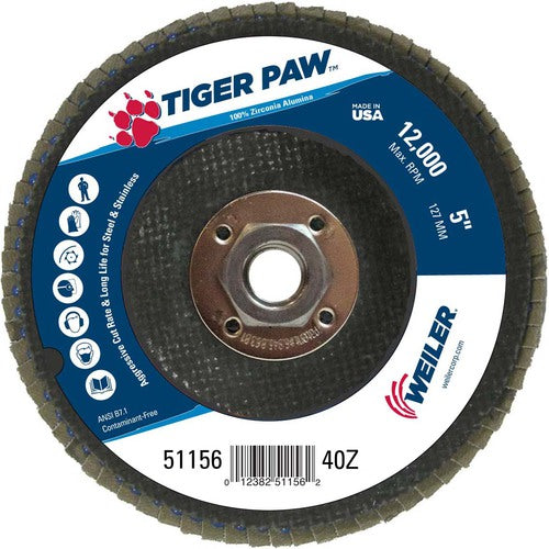 5″ Tiger Paw Abrasive Flap Disc, Angled, Phenolic Backing, 40Z, 5/8″-11 Arbor Hole - Makers Industrial Supply