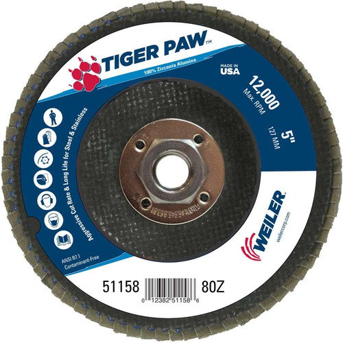 5″ Tiger Paw Abrasive Flap Disc, Angled, Phenolic Backing, 80Z, 5/8″-11 Arbor Hole - Makers Industrial Supply