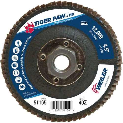 4 1/2″ × 5/8″-11-40 Grit - T27 Tiger Paw High Density Zirc Flap Disc Phenolic Back - Makers Industrial Supply