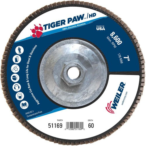 7″ Tiger Paw Super High Density Flap Disc, Flat, Phenolic Backing, 60Z, 5/8″-11 Arbor Hole - Makers Industrial Supply