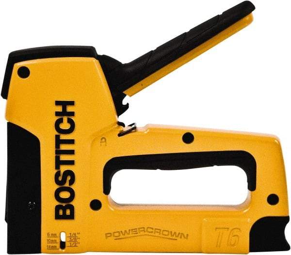 Stanley Bostitch - Manual Staple Gun - 1/4, 3/8, 1/2" Staples, 84 Lb Capacity, Yellow, Aluminum Die Cast - Makers Industrial Supply