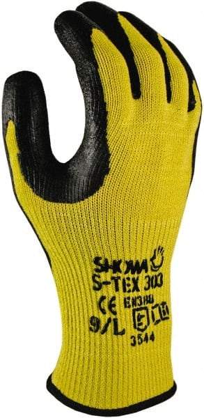 SHOWA - Size M (8), ANSI Cut Lvl 5, Natural Rubber Latex Coated Kevlar Cut Resistant Gloves - 9.5" Long, Palm & Fingertips Coated, High Strength Fiber/Stainless Steel Lining, Knit Wrist, Yellow/Black, Paired - Makers Industrial Supply