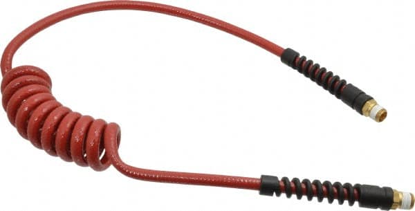 PRO-SOURCE - 1/4" ID, 1/4 Thread, 5' Long, Red Polyurethane Coiled & Self Storing Hose - 220 Max psi, Male Swivel x Male Swivel - Makers Industrial Supply