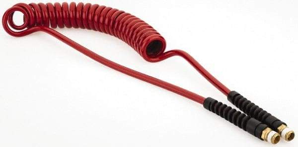 PRO-SOURCE - 1/4" ID, 1/4 Thread, 10' Long, Red Polyurethane Coiled & Self Storing Hose - 220 Max psi, Male Swivel x Male Swivel - Makers Industrial Supply